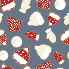Vector winter seamless repeat pattern with ski caps, ski mittens, christmas tree . Christmas repeating texture for surface design, wallpapers, fabrics, wrapping paper etc.