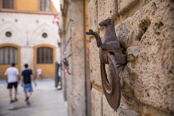Decorative iron rings and sheep sculpture inset into the walls in Siena Tuscany, used for holding torches