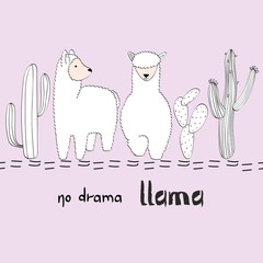 Hand drawn card with llama and cactus.No drama llama