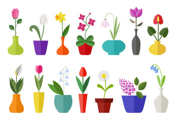 Flower flat icon set isolated on white. Various flowers in a vase including rose, tulip, orchid, Espatifilo, bells flowers, Bellis perennis, bulb flowers. © Dejan Jovanovic