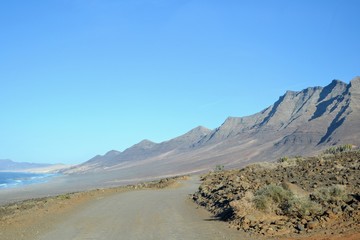 Southwest part of Fuerteventura. Road to the Cofete beach leading through the mountains. Fuerteventura, Canary Islands, Spain, Europe