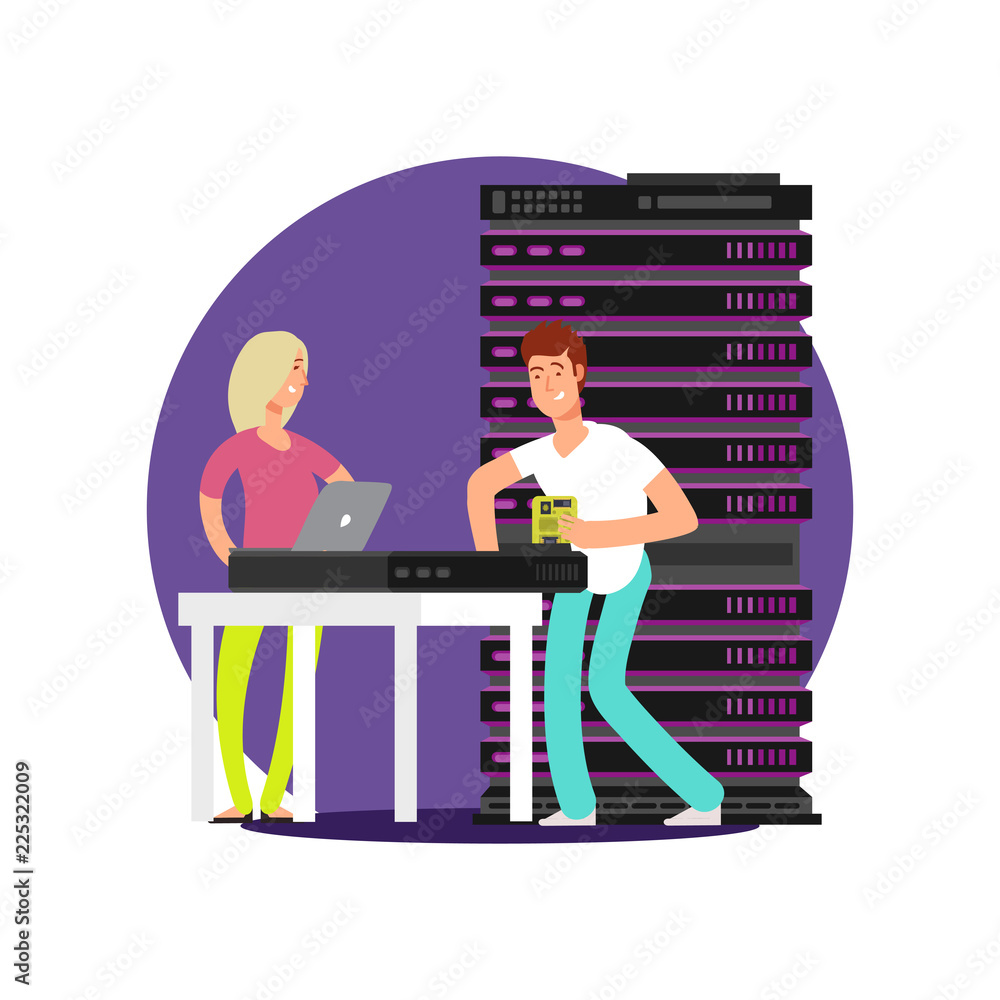 Poster flat cartoon characters server administrators. man and woman work with data base and computer server