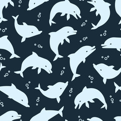 Happy group dolphins silhouettes seamless pattern. Sealife vector background illustration
