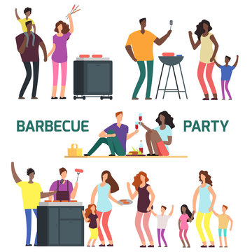 Barbeque party cartoon character families. Flat characters resting on bbq vector set illustration