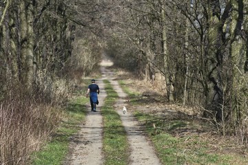 Fototapeta premium Wiosenne spacery na słońcu, mężczyzna spaceruje z psem po polnej drodze, na końcu drogi inna oświetlona droga