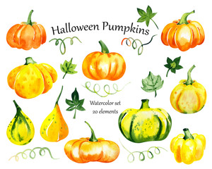 Watercolor set with halloween pumpkins