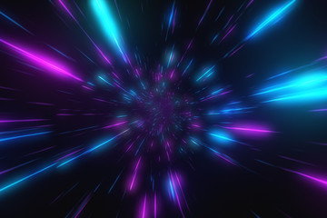 Abstract flight in retro neon hyper warp space in the tunnel 3d illustration - obrazy, fototapety, plakaty