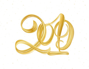 Vector illustration: Happy New Year. Handwritteb brush stroke golden paint lettering of 2019. Happy New Year.