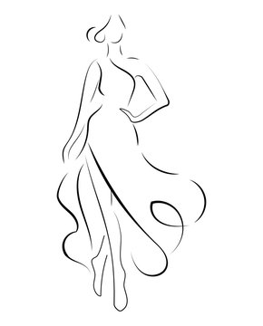 recommend clip art: Girl in a dress. Linear outlines of a female figure in a dress. Silhouette of a model in clothes. Linear art of a slender woman. Black and white illustration for the salons of tailoring. Fashion model
