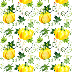 Watercolor seamless pattern with bright pumpkins