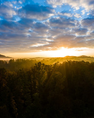 Aerial view of sunrise in foggy morning, forest, view from air