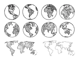 Globus-Skizze. Handgezeichneter Erdplanet mit Kontinenten und Ozeanen. Doodle-Weltkarte-Vektor-Illustration. Planeten- und Weltskizzenkarte mit Meer und Land © MicroOne
