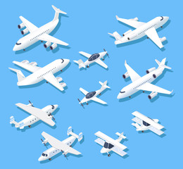 Isometric planes. Private jet airplanes, aircraft and airliner. 3d aerial vector set. Illustration of jet and aircraft, airplane passenger