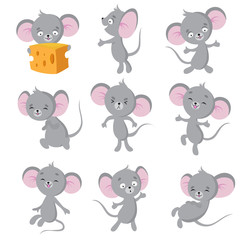 Cartoon mouse. Gray mice in different poses. Cute wild rat animal vector characters. Wild cute mouse and rat, rodent mascot illustration
