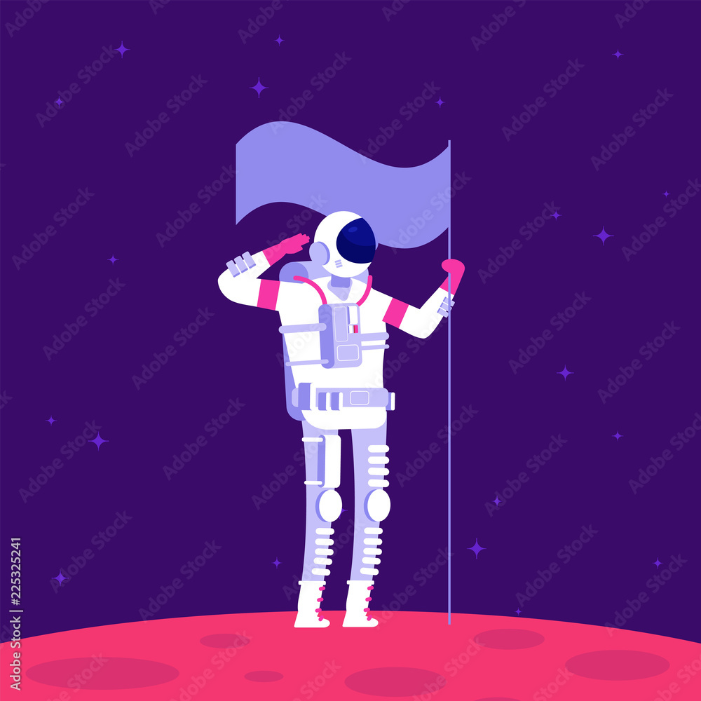 Aufkleber mars colonization. astronaut holging flag on red planet in outer space. mars project astronautics ve
