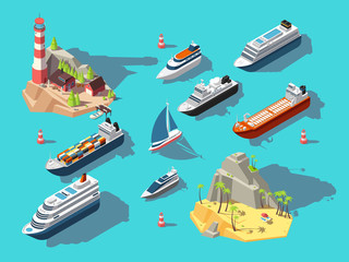 Isometric ships. Boats and sailing vessels, ocean tropical island with lighthouse and beach. 3d vector illustration. Boat nautical, sailboat and yacht in ocean