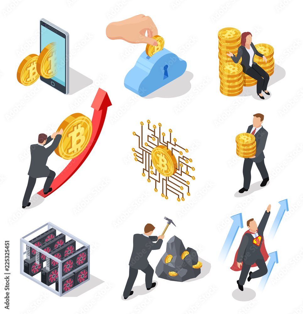 Poster ico and blockchain isometric icons. bitcoin mining and cryptocurrency exchange. vector 3d isolated o