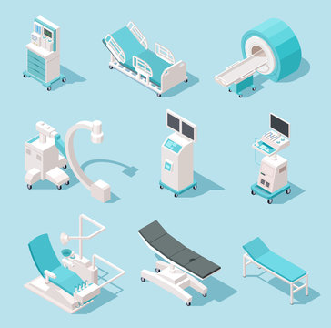 Isometric medical equipment. Hospital diagnostic tools. Health care technology 3d machines vector set. Medical equipment, x-ray and resonance device, monitor mri illustration