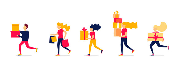 Sales people are running for shopping. Vector illustration 