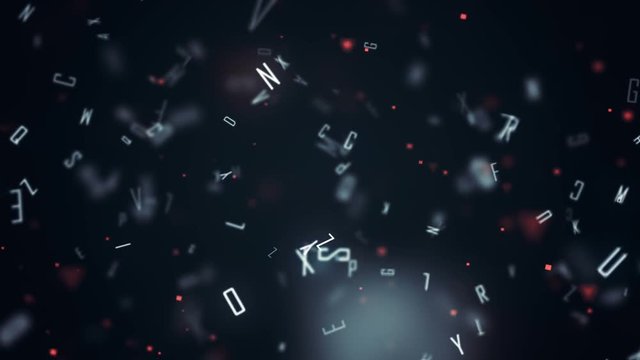 Abstract background animation with flying letters. Motion design with bokeh effect. 3d rendering