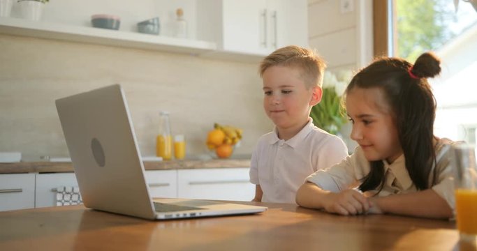 Portrait of two smiling school kids using laptop computer in kitchen. Home, school, education concept. Boy and girl operating laptop