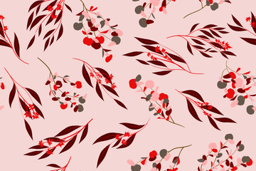 Bright Floral Seamless Pattern. Vector Eucalyptus Leaves and Beautiful Blossom Elements. Colorful Botanical Summer Background. Floral Seamless Pattern for Wedding Design, Print, Textile, Fabric, Paper