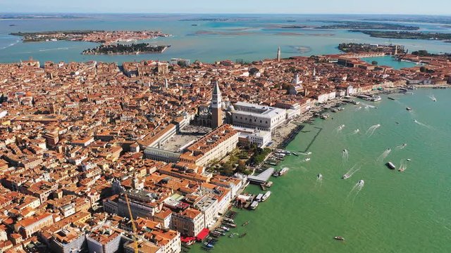 Aerial view of St Mark's Square in historical part of Venice - landscape panorama of Italy from above, Europe, 4k UHD