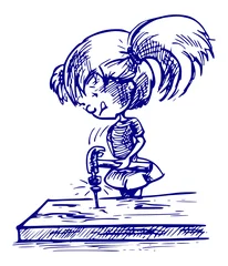Foto auf Acrylglas Meisje aan het timmeren - cartoon illustratie van meisje met een hamer © emieldelange