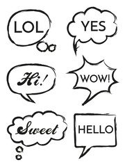 Vector set of speech bubbles in comic style. Hand drawn set of dialog windows with phrases Hi, Hello, Yes, Wow, Sweet, lol.