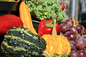 Picturesque small decoration in farm in Poland.  Vegetable with heathers composition. Autumn crops, harvest festival at the end of summer. Halloween.