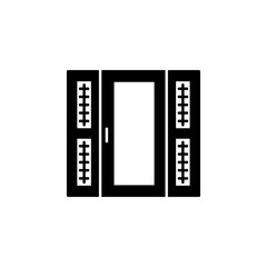 Black & white vector illustration of air curtain. Entrance heating system of buildings and shopping centers. Electric air door. Flat icon. Isolated on white background