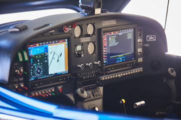 View of the cockpit of a small private airplane