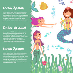 Kids banner poster template with fish, fairy mermaids, sealife. Vector illustration