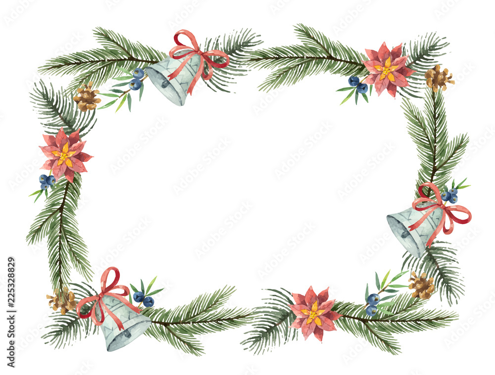 Wall mural Watercolor vector Christmas wreath with fir branches and place for text.