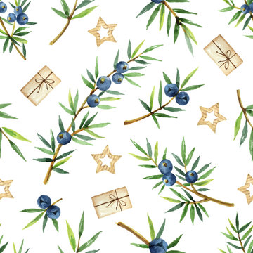 Watercolor seamless pattern of plants juniper and gifts isolated on white background.