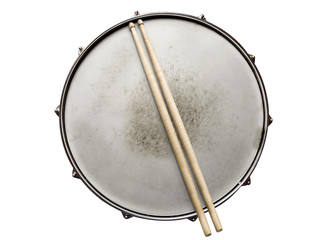 Old snare drum with drumsticks top view isolated on white