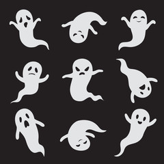 Ghost. Halloween ghostly faces. Spooky monster vector isolated icons. Ghost white face, spooky and scary illustration