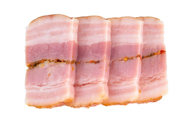 Top view of tasty slices Bacon isolated on white background.