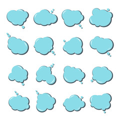 Collection of multicolored templates speech bubbles. Blue vector stickers in style of comics, pop art. Badges can be used for decoration of kids' illustrations, comics, banners