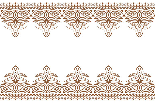Mehndi background. Indian embroidery design wuth henna ornament. Wedding backdrop henna indian lace ornament, vector illustration