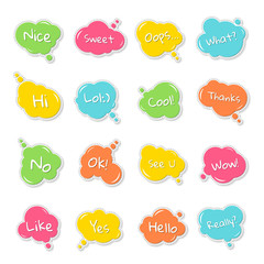 Set of templates speech bubbles with quotes. Multilayer cartoon stickers with stitches, short messages. Stickers and patch badges in style of comics, pop art