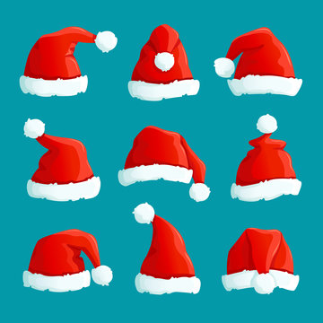 Santa red hats. Christmas funny caps. Santa clothes warm hat. Isolated vector set. Hat fluffy of collection santa claus accessory illustration