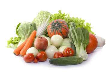 Healthy eating concept or green grocery shopping - group of selected fresh vegetables isolated on white background in close-up.