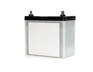Car battery or automotive battery, with blank label, isolated on white. Rechargeable battery.