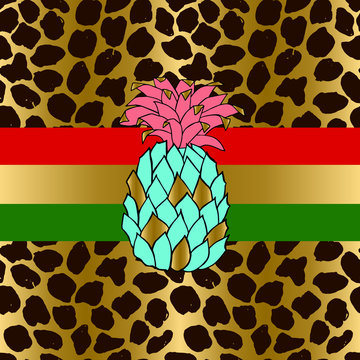 Seamless Leopard Pattern. Animal Skin Grunge Texture With Blue And Pink Pineapple. Giraffe Gradient Background. Vector Illustration.