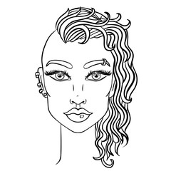 Doodle girl with shaved head. Womens portrait for adult coloring book. Vector illustration.