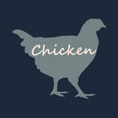 Icon chicken. Isolated grunge silhouette chicken with text 