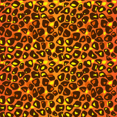 Vector illustration leopard print seamless pattern. Orange hand drawn background.
