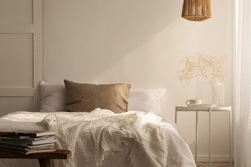 Plant on table next to bed with cushions and blanket in white bedroom interior with lamp. Real photo