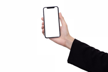 hand with smart phone of female Asia girl on white back ground isolate, touch on screen by finger and hold by hand with clipping path.